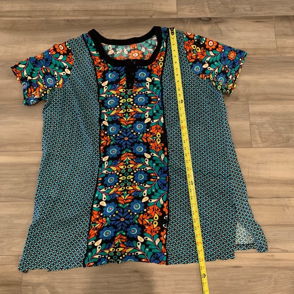 ULLA POCKEN Blue Orange Floral Mixed Print Henley Cotton Knit Tunic Dress 20/22 - Picture 6 of 12